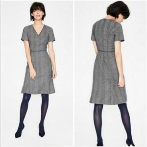 Boden British Tweed Albany Wool Dress In Herringbone Ivory/Navy Size 8